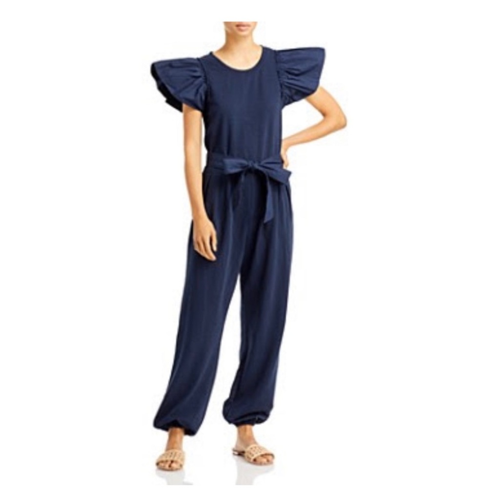 Navy puffer sleeve jumpsuit